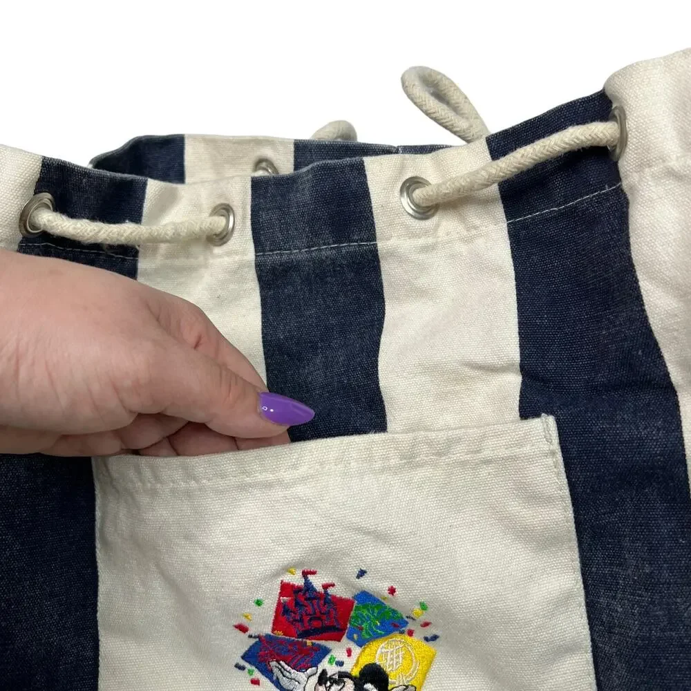 Disney VTG Y2K Embroidered Striped Canvas Drawstring Cinch Sack Bucket Backpack